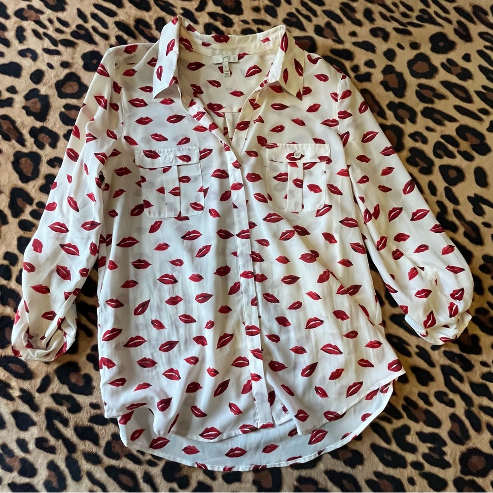 Joie Red Lipstick Kiss Print White Blouse S